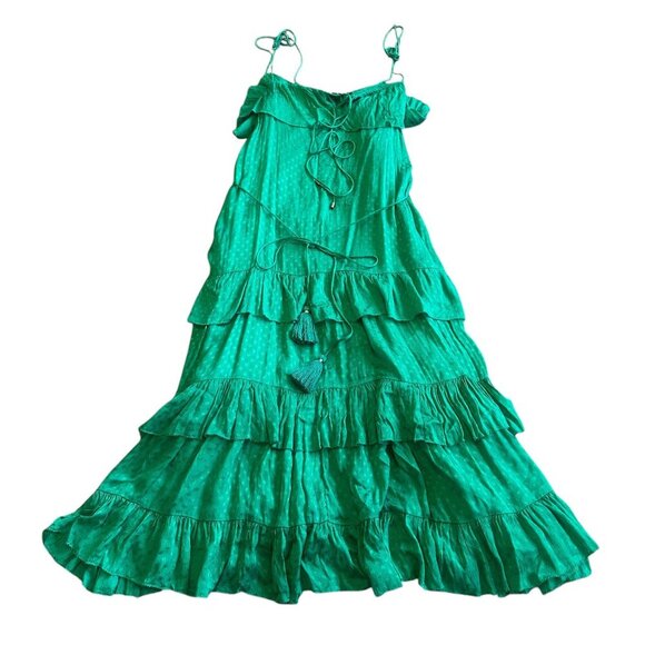 Karina Grimaldi Dresses & Skirts - Karina Grimaldi Green Tiered Maxi Dress Spaghetti Strap Tie Tassels Size Small